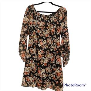 Large LOVE RYAN black brown floral fall bell sleeve dress Thanksgiving Autumn